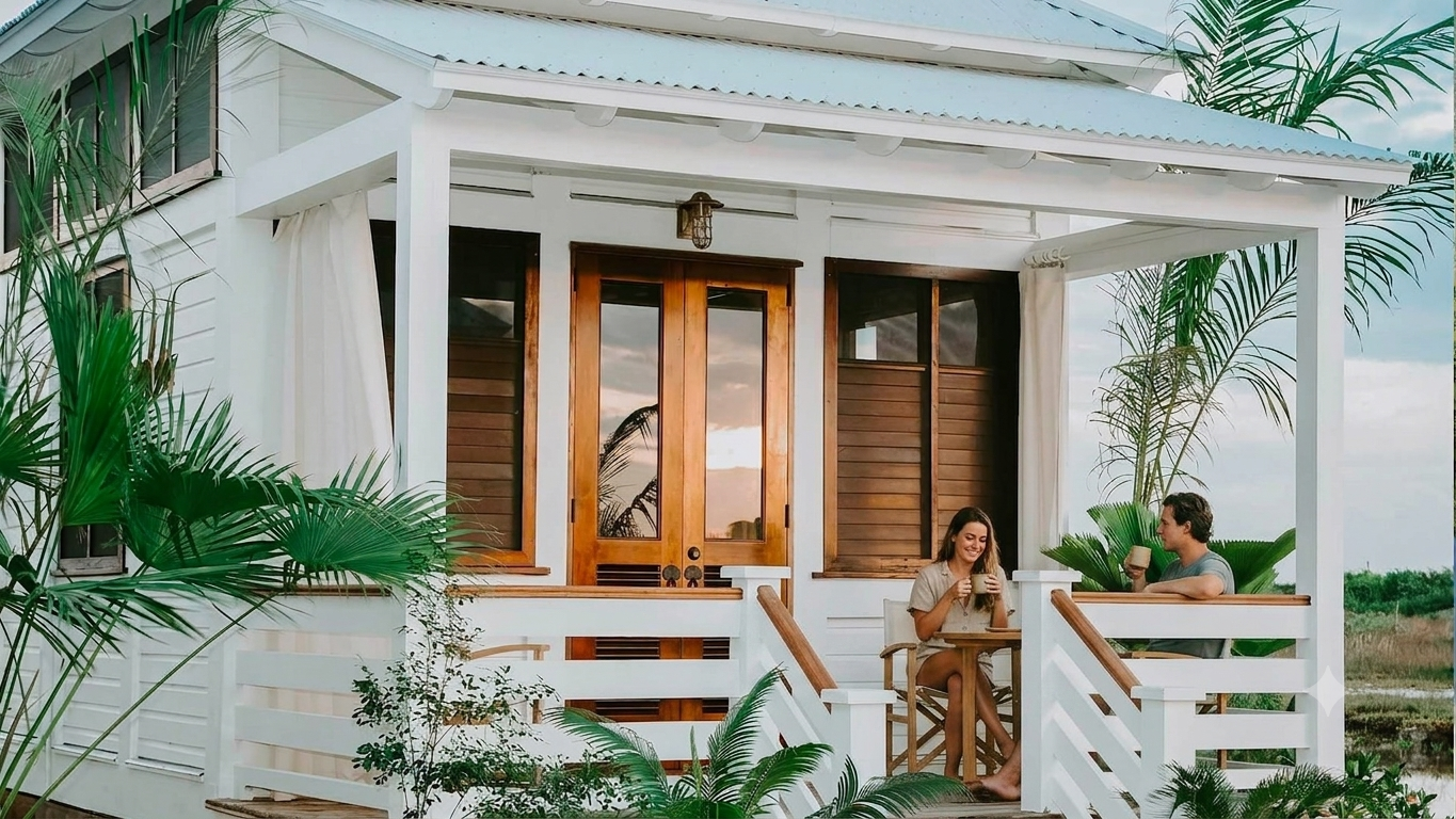 Couple having coffee on the covered porch of a white luxury garden cottage surrounded by palms